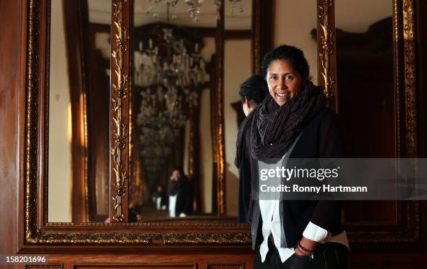 Director of German Football Association Steffi Jones poses prior to the DFB Women's Indoor Trophy Draw Ceremony on December 11, 2012 in Magdeburg,...