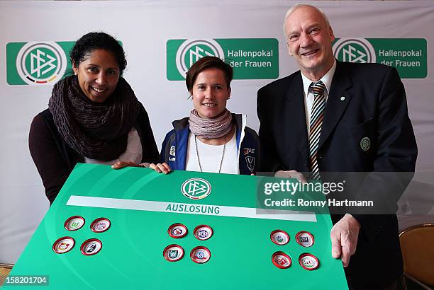 Director of German Football Association Steffi Jones , DFB honorary vice president Hans-Georg Moldenhauer and Kathleen Radtke of FF USV Jena attend...