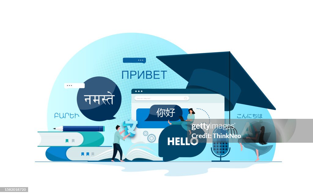 Language translator woman working on laptop