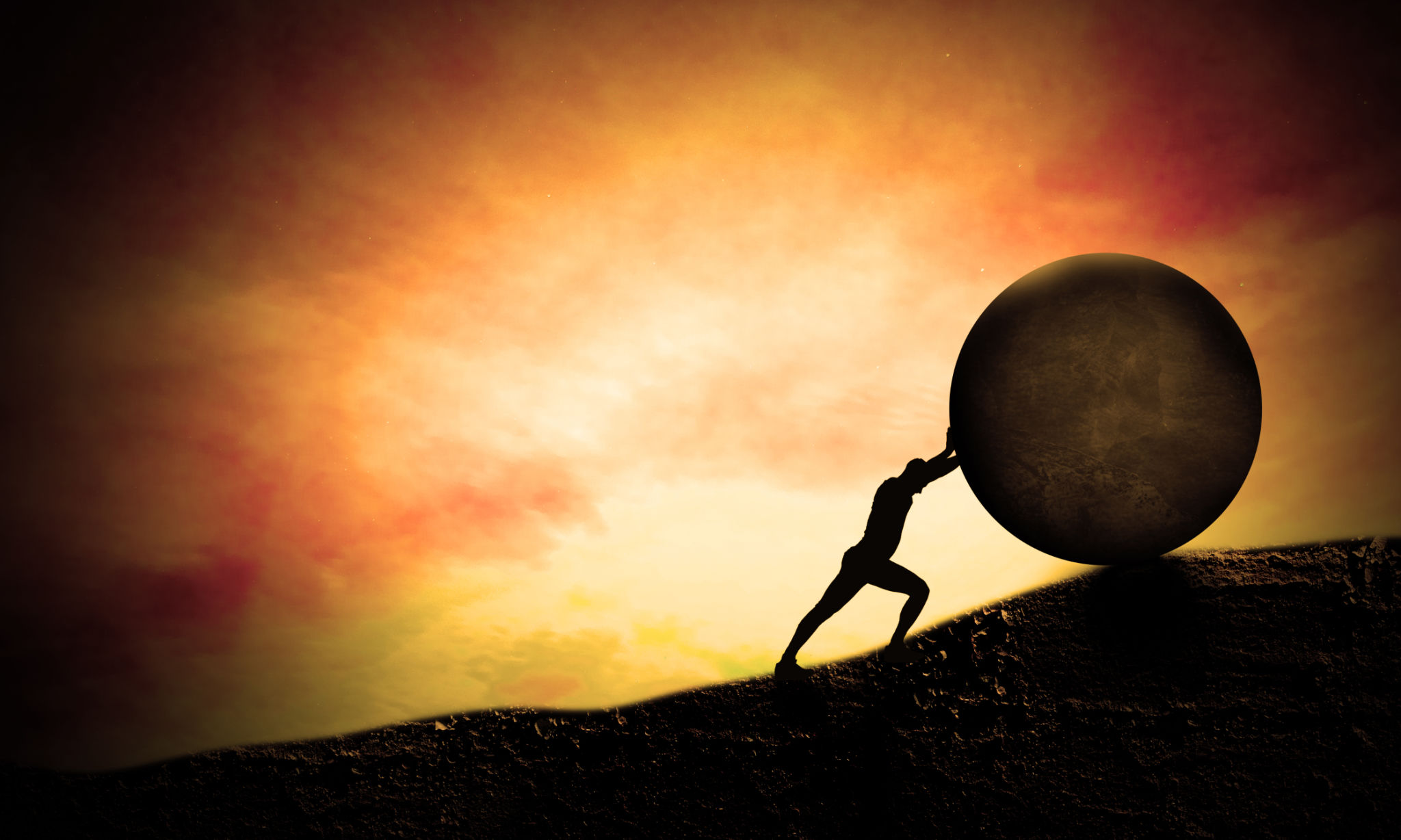 Young Business man Pushing Big stone up to hill. Sunset scene. Concept of Heavy tasks and problems, Difficulty and Hard Work. Sisyphus. Young Business man Pushing Big stone up to hill. Sunset scene. Concept of Heavy tasks and problems, Difficulty and Hard Work. Sisyphus.
