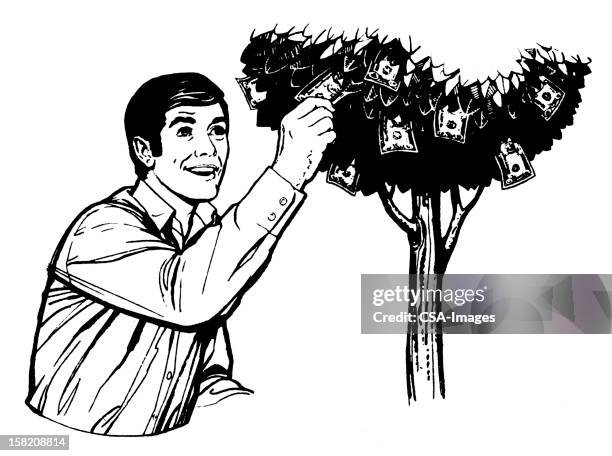 man picking money from tree - money tree stock illustrations