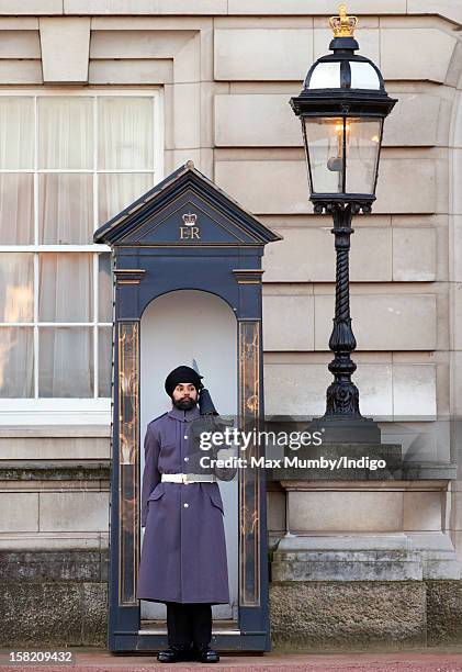 Sikh Guardsman Jatenderpal Singh Bhullar, a soldier in the Scots Guards, stands by his sentry box whilst on guard duty in the forecourt of Buckingham...