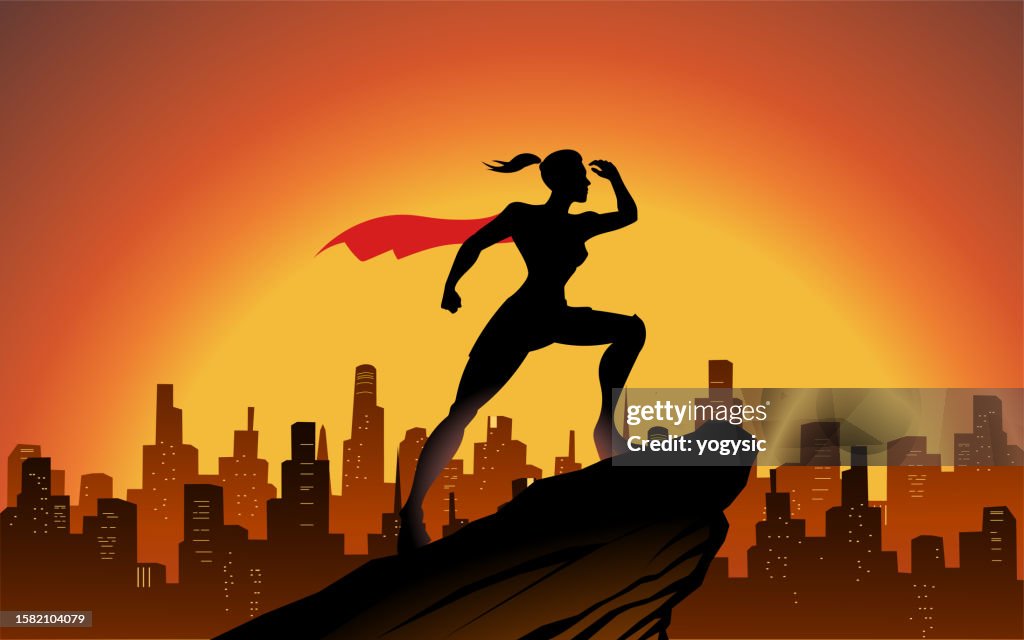 Vector Female Superhero Looking at Far Away Silhouette in a City Stock Illustration