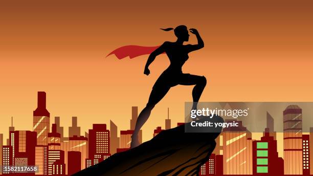 vector female superhero looking at far away silhouette in a city stock illustration - female superhero stock illustrations