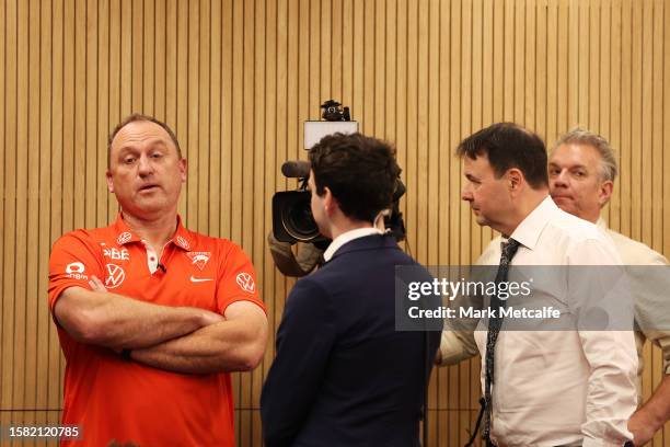 Sydney Swans Senior Coach John Longmire speaks to journalist ahead of a Sydney Swans AFL press conference at Sydney Swans HQ on July 31, 2023 in...