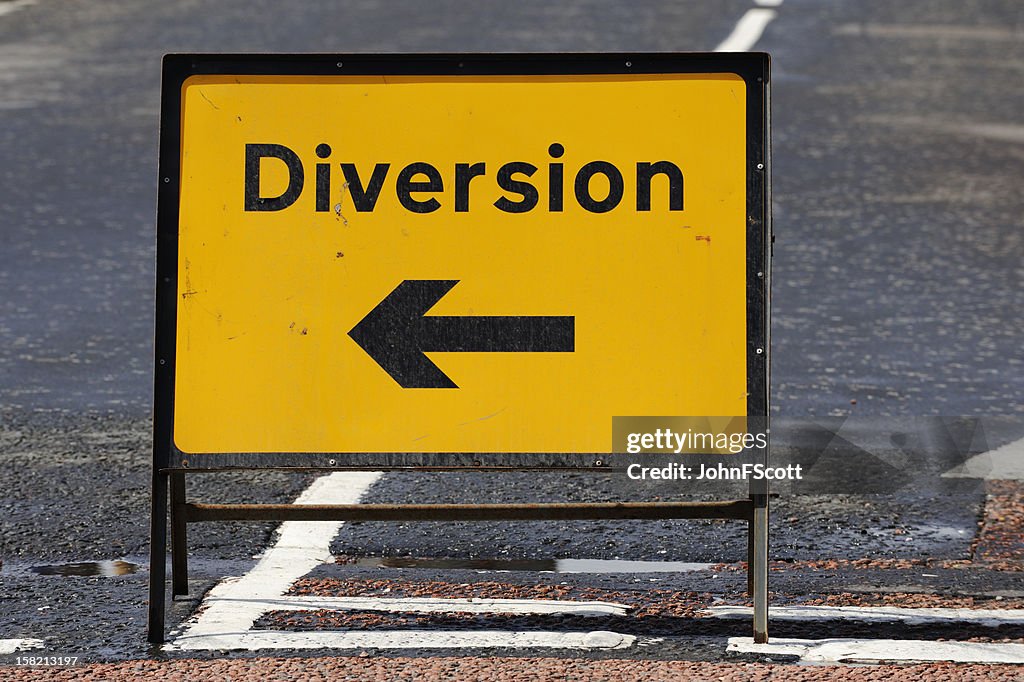British diversion road sign on a street in Scotland