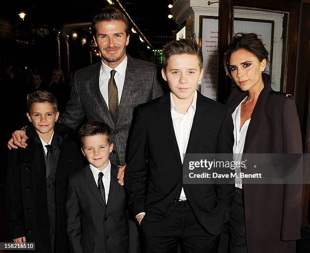 David Beckham and Victoria Beckham with children Romeo, Cruz and Brooklyn arrive at the Gala Press Night performance of 'Viva Forever' at the...