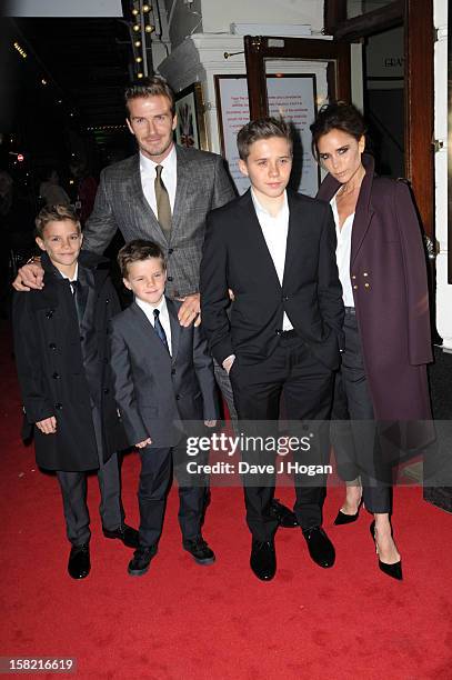 Romeo Beckham, Cruz Beckham, David Beckham, Brooklyn Beckham and Victoria Beckham attend the "Viva Forever" press night at The Piccadilly Theatre on...