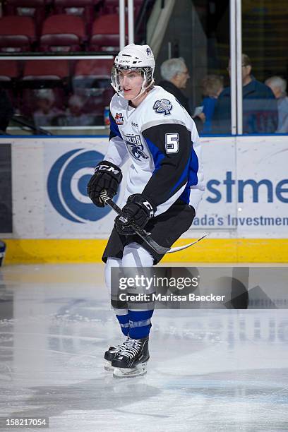 Brycen Martin of the Swift Current Broncos warms up on the ice at the Kelowna Rockets on December 5, 2012 at Prospera Place in Kelowna, British...