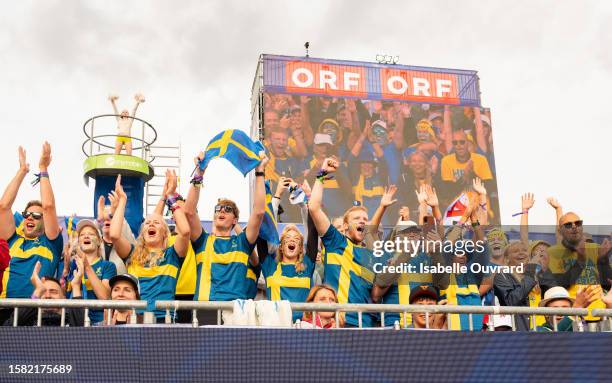 Fans of Sweden during the men's Gold Medal match between Leon Luini and Yorick de Groot of the Netherlands and David Ahman and Jonatan Hellvig of...