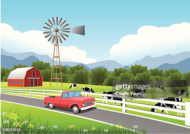 idyllic farm scene with truck in the foreground. - holstein friesian cattle stock illustrations