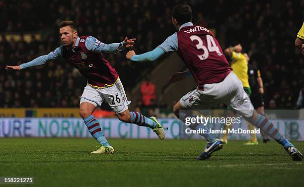 Andreas Wiemann of Aston Villa celebrates his goal during the Capital One Cup Quarter-Final match between Norwich City and Aston Villa at Carrow Road...