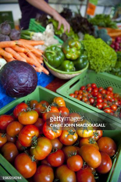 Vegetables, including tomatoes are for sale at an outdoor market in Berlin May 31, 2011. Spanish fruit and vegetable sales have halted across nearly...