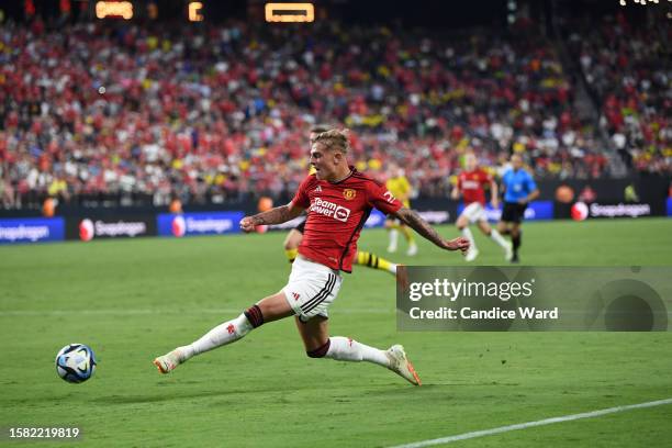 Brandon Williams of Manchester United kicks the ball during the pre-season friendly against Borussia Dortmund at Allegiant Stadium on July 30, 2023...