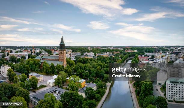 finland turku aura river and turku cathedral aerial view in summer - finse cultuur stockfoto's en -beelden