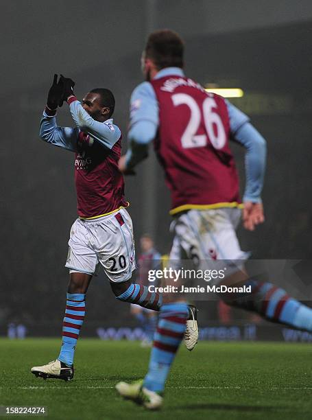 Christian Benteke of Aston Villa celebrates his goal during the Capital One Cup Quarter-Final match between Norwich City and Aston Villa at Carrow...