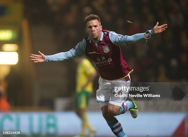 Andreas Weiman of Aston Villa celebrates his first goal during the Capital One Cup Quarter Final match between Norwich City and Aston Villa at Carrow...