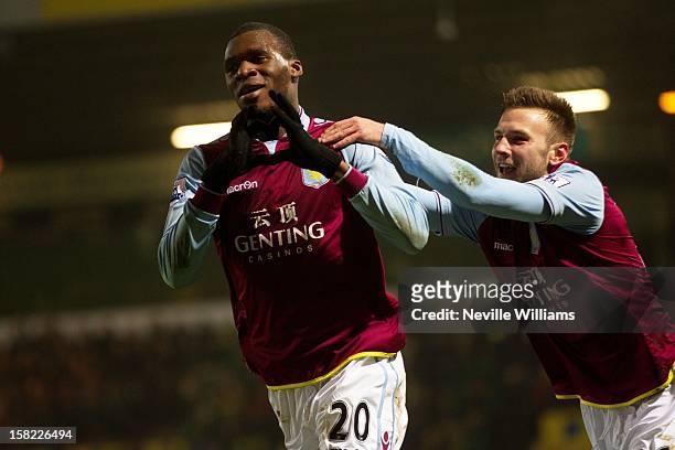 Christain Benteke of Aston Villa celebrates his goal during the Capital One Cup Quarter Final match between Norwich City and Aston Villa at Carrow...
