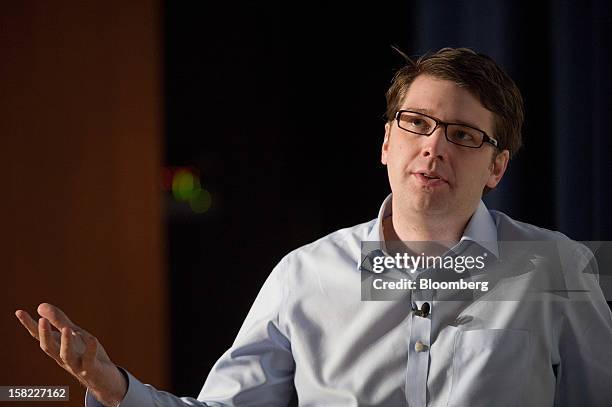 Andrew Mason, chief executive officer at Groupon Inc., speaks during a keynote address at the Mobile Loco conference 2012 in San Francisco,...