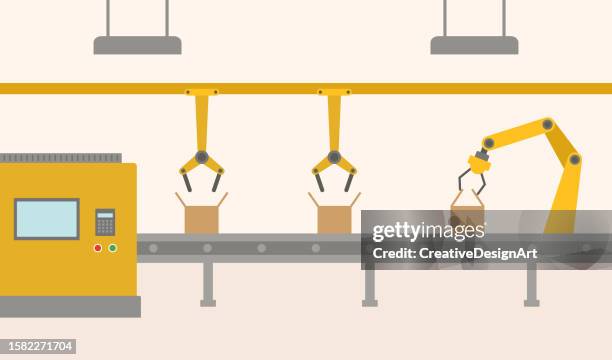 stockillustraties, clipart, cartoons en iconen met automated warehouse with robotic arms working on conveyor belt. industry 4.0 concept - lopende band
