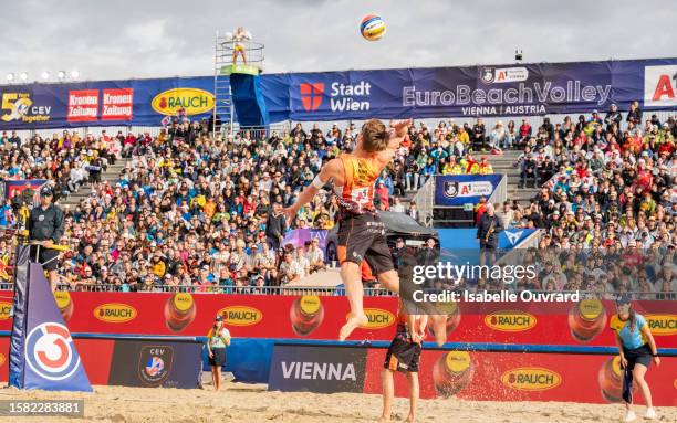 Leon Luini and Yorick de Groot of The Netherlands during the men's Gold Medal match between The Netherlands and Sweden on day 5 of the A1 CEV Beach...
