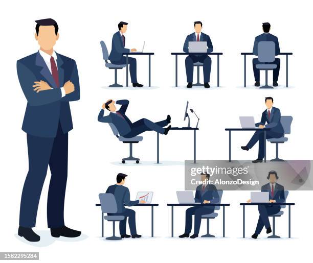 businesspeople analyze financial data on charts and graphs. traders at work. financial analyst. businessman sitting at a desk. different poses design. - open suitcase stock illustrations