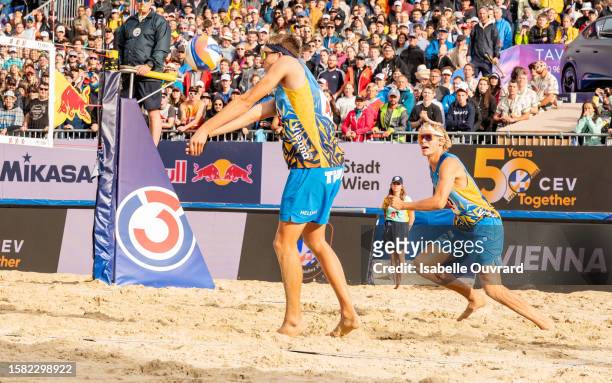 David Ahman and Jonatan Hellvig of Sweden during the men's Gold Medal match between The Netherlands and Sweden on day 5 of the A1 CEV Beach...