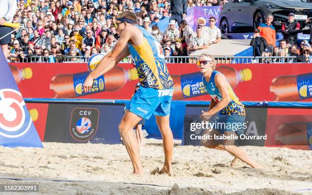 Jonatan Hellvig and David Ahman of Sweden during the men's Gold Medal match between The Netherlands and Sweden on day 5 of the A1 CEV Beach...