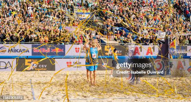 David Ahman and Jonatan Hellvig of Sweden celebrate the win of the men's Gold Medal match between The Netherlands and Sweden on day 5 of the A1 CEV...