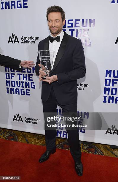 Actor Hugh Jackman poses with his award at the Museum Of Moving Images Salute To Hugh Jackman at Cipriani Wall Street on December 11, 2012 in New...