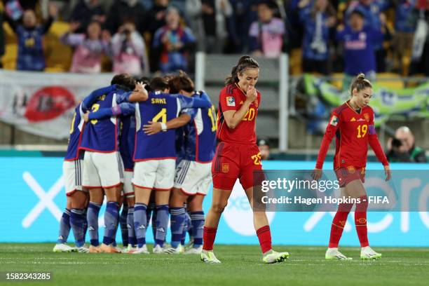 Rocio Galvez and Olga Carmona of Spain show dejection after Japan's third goal during the FIFA Women's World Cup Australia & New Zealand 2023 Group C...