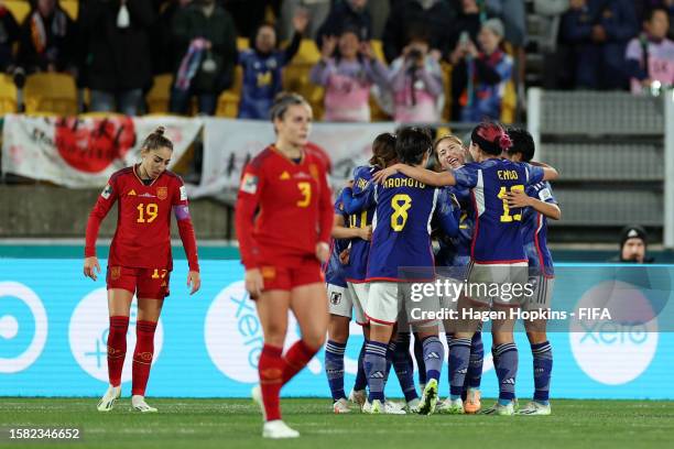 Japan players celebrate the team's third goal scored by Hinata Miyazawa during the FIFA Women's World Cup Australia & New Zealand 2023 Group C match...