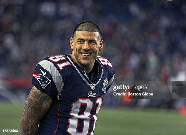 New England Patriots tight end Aaron Hernandez on the sidelines as the clock winds down in his team's 42-14 victory over the Houston Texans. The New...