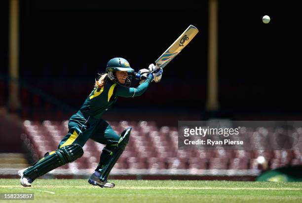 Jodie Fields of Australia bats during the first Rose Bowl Series One Day International match between Australia Southern Stars and New Zealand Silver...