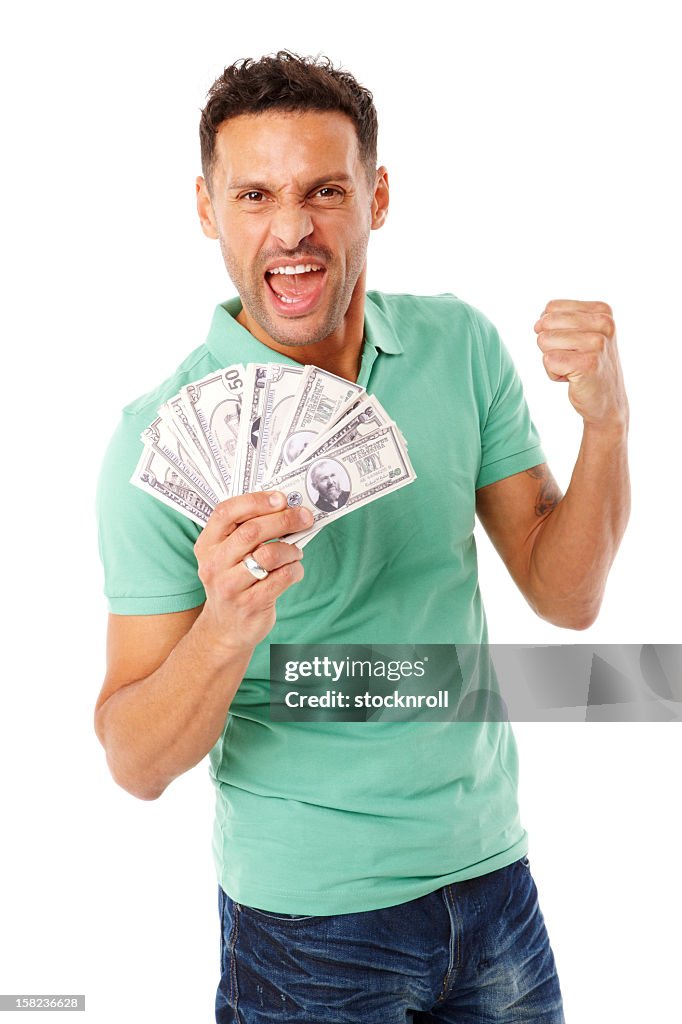 Adult male holding a stack of money.