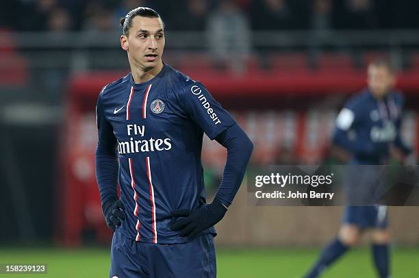 Zlatan Ibrahimovic of PSG in action during the French Ligue 1 match between Valenciennes FC and Paris Saint-Germain FC at the Stade du Hainaut on...