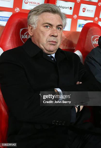 Carlo Ancelotti, coach of PSG looks on during the French Ligue 1 match between Valenciennes FC and Paris Saint-Germain FC at the Stade du Hainaut on...