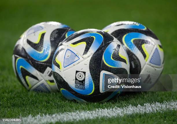 Official FIFA Women's World Cup match balls lined up ahead of the FIFA Women's World Cup Australia & New Zealand 2023 Group F match between France...