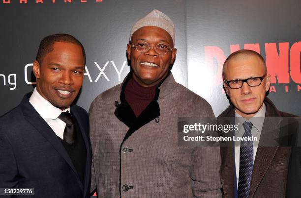 Jamie Foxx, Samuel L. Jackson, and Christoph Waltz attend a screening of "Django Unchained" hosted by The Weinstein Company with The Hollywood...