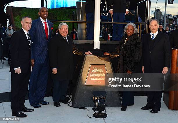 Brett Yormark, Jerry Stackhouse, Marty Markowitz, Sharon Robinson and Bruce Ratner attend the Ebbets Field Flagpole Commemoration at the Barclays...