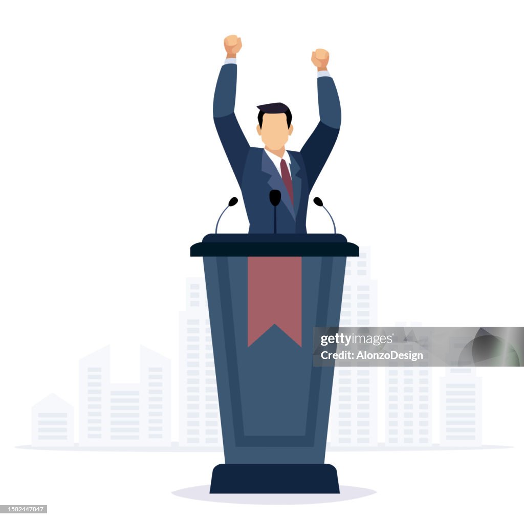 Orator speaking from the tribune. Politician Man Giving Speech.