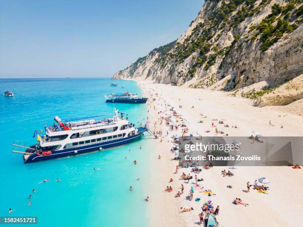 aerial view of egremni beach, lefkada island, greece. - egremni beach stock pictures, royalty-free photos & images