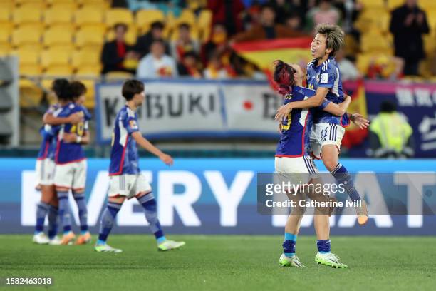 Mina Tanaka and Jun Endo of Japan celebrate the team's 4-0 victory in the FIFA Women's World Cup Australia & New Zealand 2023 Group C match between...