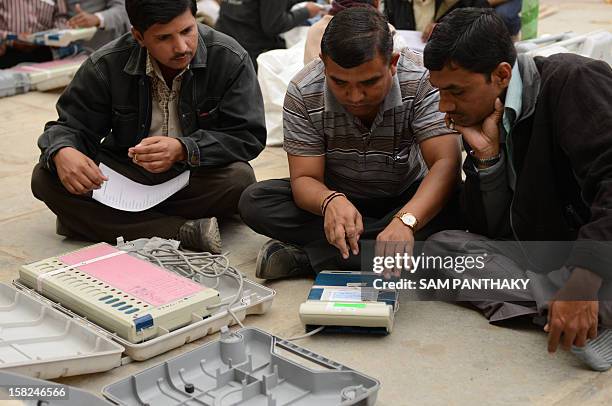 Indian election monitors check Electronic Voting Machines at a distribution centre at Viramgam, some 60 kms from Ahmedabad on December 12, 2012....