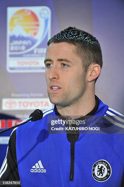 English football club Chelsea FC player Gary Cahill speaks during a press conference before an official training session at the International Stadium...