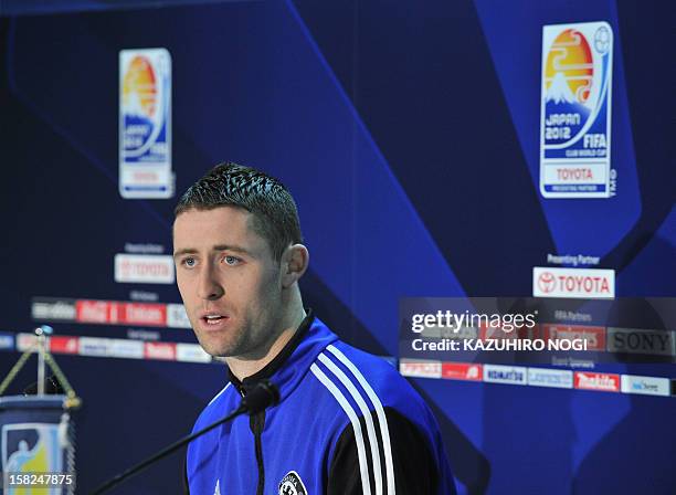 English football club Chelsea FC player Gary Cahill answers questions during a press conference before an official training session at the...