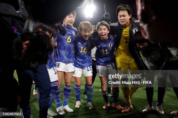 Japan players celebrate in the huddle after the team's 4-0 victory in the FIFA Women's World Cup Australia & New Zealand 2023 Group C match between...