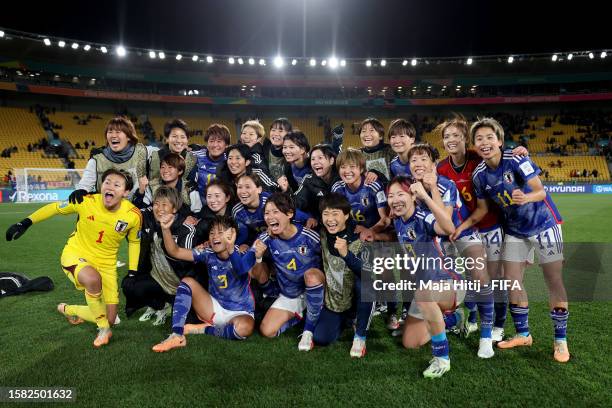 Japan players celebrate the team's 4-0 victory in the FIFA Women's World Cup Australia & New Zealand 2023 Group C match between Japan and Spain at...