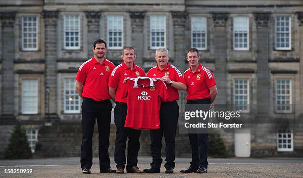 British and Irish Lions Head coach Warren Gatland with assistants Andy Farrell Graham Rowntree and Robert Howley after the announcement of key...