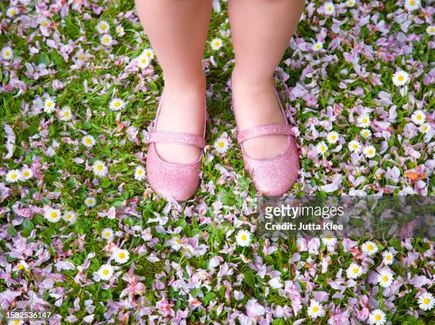 young girl feet and legs wearing pink shoes standing on a lawn covered with petals and flowers - pink shoe stock pictures, royalty-free photos & images